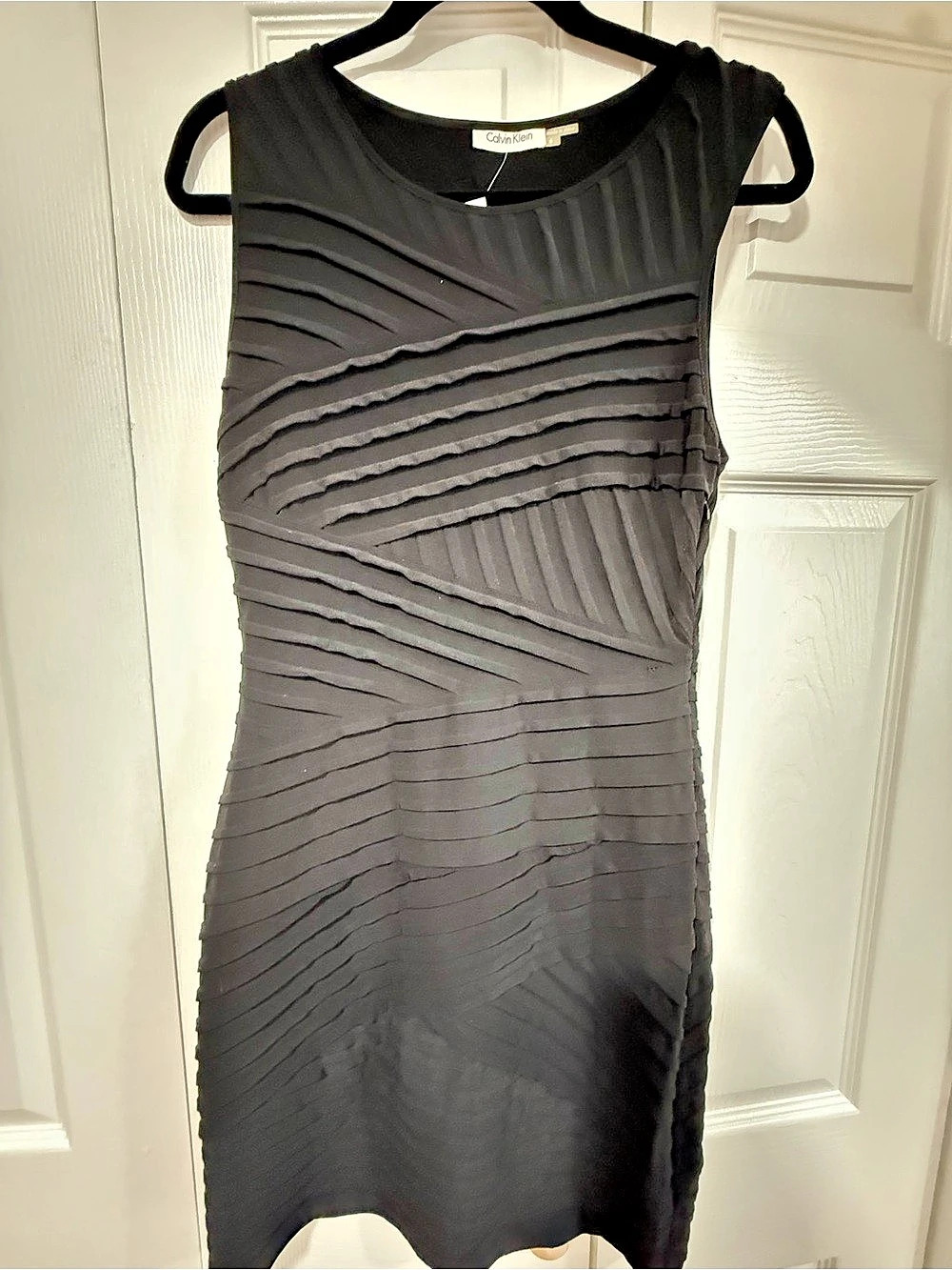 Calvin Klein Black Sleeveless Diagonal Pleated Sheath Dress Pleated Sheath Mini